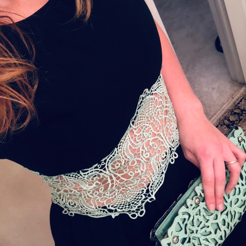 Black dress with teal lace.